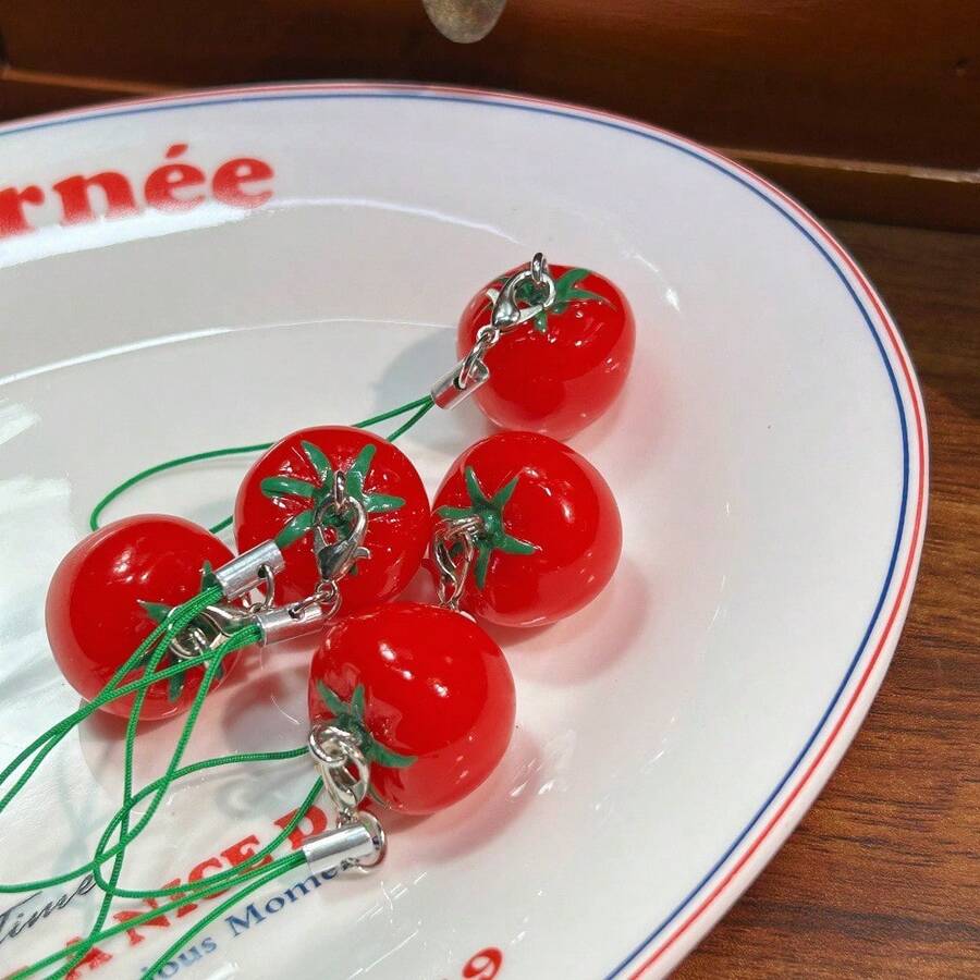 1pc Tomato Shaped Phone Lanyard, Made Of Glossy Resin Material With Green Decorative Cord, Adorned With Cute Vegetable Pattern, Suitable For Phone Or Bag Decoration