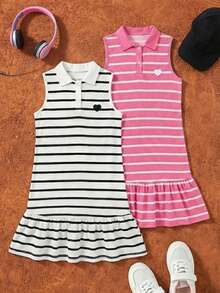 2 peças Vestido Casual e Confortável para Meninas com Padrão Listrado, Bainha Franzida e Gola Polo Sem Mangas - Multicolorido - Visão 9