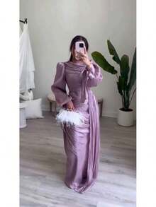 Autumn New Women's French Style Ruched Waist Green Irregular Long Dress - Violet - View 12