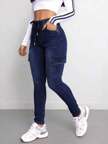 Jeans Ajustados de Cargo de Cintura Media con Cordel de Lavado Negro/Azul Oscuro para Mujer, Pantalones Modernos y Elegantes - Azul lavado oscuro - Ver 4