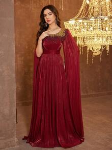 SUPGIR 【随机花卉图案】V领灯笼袖雪纺亮片刺绣收腰派对晚礼服 - 酒紅色 - 查看 6