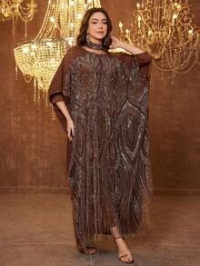 SUPGIR Women's Mandarin Collar Long Sleeve Handmade Rhinestone Satin Evening Dress - Brown - View 1