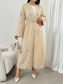 Women's Embossed Casual Versatile Long Sleeve Abaya - Apricot - View 5