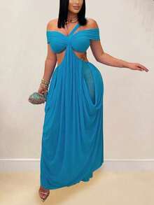 Sexy Off-The-Shoulder Fitted Sheer Net Dress - Màu xanh lam - Xem 2