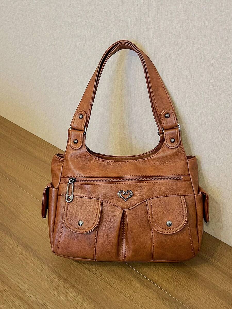 1件复古大容量手提包，复古PU单肩斜挎包，女士休闲托特包兼钱包