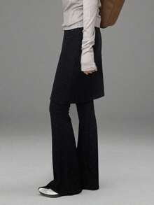 1-Piece [Y2K Light Subculture] Striped And Ruffled Pseudo-Two-Piece Pant Skirt, Layered Style, Slimming Look, Spring/Autumn, Korean Style, Girly, Cool And Cute, New Arrival, Fake Two-Way Culottes, Striped And Frilled, Leg-Lengthening Effect, Ease Of Movement, Dark And Light Tones, Women's - 黑色 - 查看 2