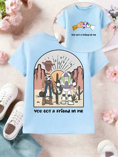 [Disney Authorization] A 100% Pure Cotton Children's Work Shirt With A Double-Sided Print Of Disney Cartoon Pattern Printed On It, Children Will Definitely Love It; Featuring A Disney Toy Story Woody And Buzz Cartoon Print Design, This Casual Style Children's T-Shirt Is Suitable For Both Boys And Girls, Making It Perfect For Attending Christmas Parties And Daily Outdoor Activities.