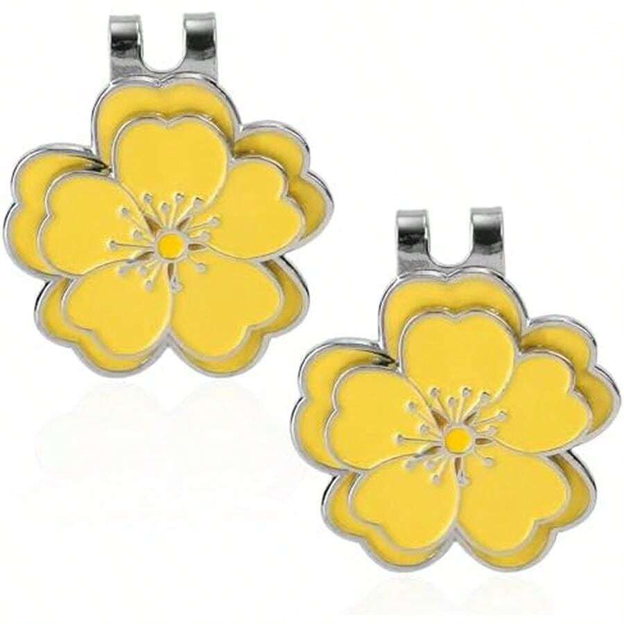 2pcs Magnetic Golf Ball Marker With Hat Clip, Flower Shape Magnetic Golf Hat Clip Ball Marker Set Sport Decoration Accessories For Men Women Golfer (Yellow) - / - View 1