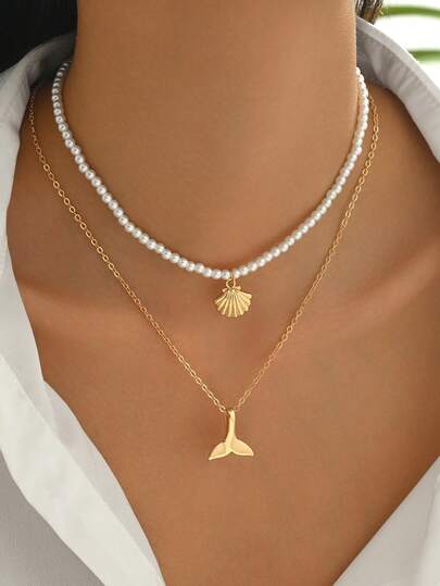 2pcs/Set Summer Elegant Faux Pearl Beaded Necklace, Fashionable Ocean Style Gold Metal Shell & Fish Tail Pendant Necklace For Women, Suitable For Daily Wear, Beach, Travel, Date, Photo Shoot