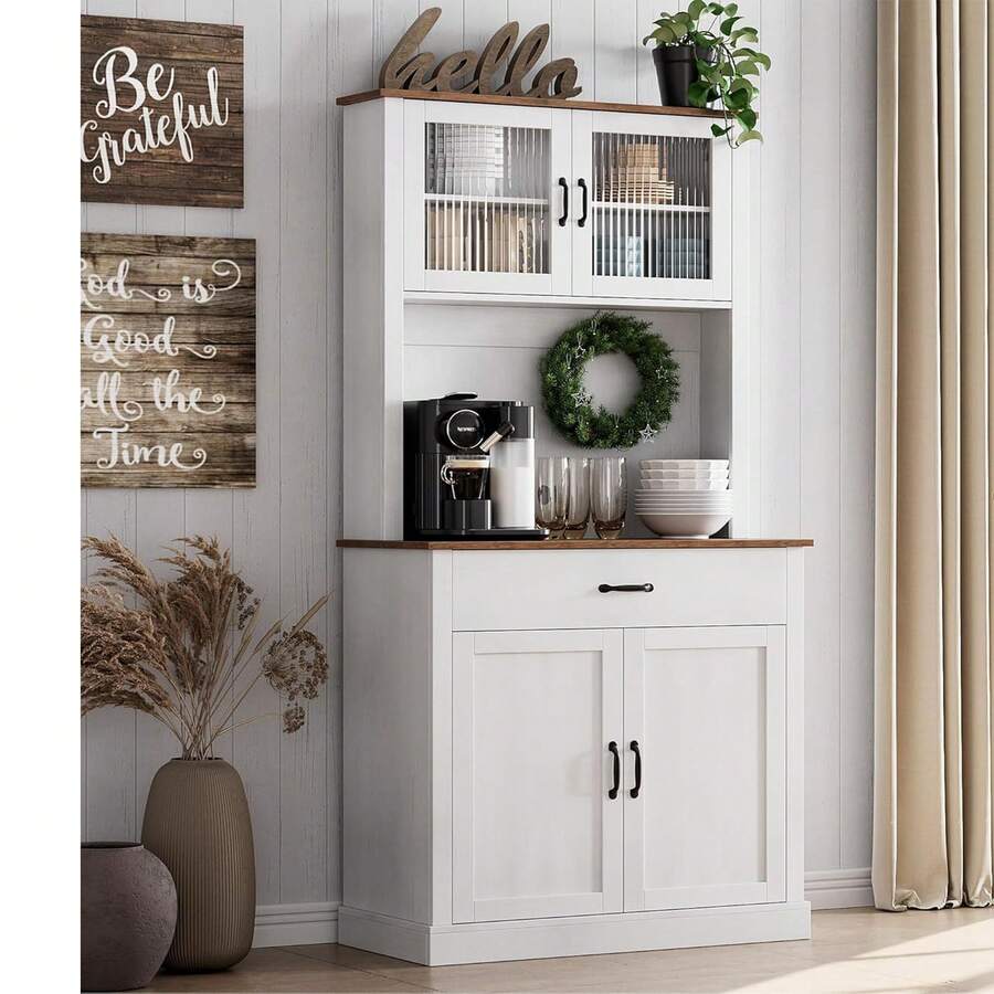 Alacenas para Despensa con Estantes Ajustables, Alto Independiente Alacena para Despensa con Cajón y 4 Puertas, Gabinete para Cocina para Comedor y Sala De Estar, Blanco - Blanco - Ver 1