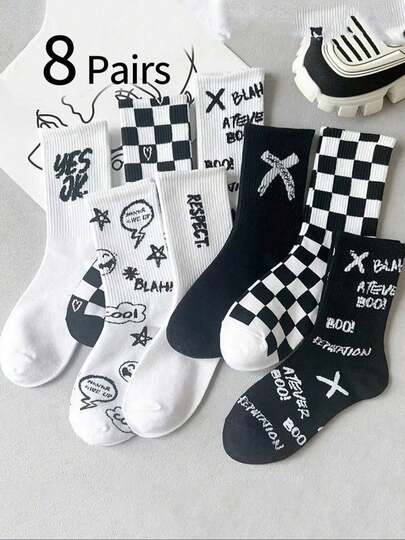 8 Pairs Random Color Girls & Teens Checkerboard, Letter Graffiti Socks, Street Style Fashion Long Socks, Sports Socks, Student Socks, Suitable For Spring & Autumn