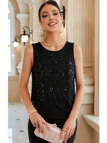 Women's Elegant Party Top - Sleeveless Sequin Blouse, Sheer Protective Formal/Casual Wear - Easy Care Hand Wash Evening Dress, Summer Fashion, Textured Design, Delicate Stitching, Sparkling Sequins, Party Attire - Black - View 5