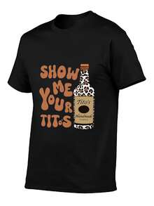 Men's Casual Short-Sleeve T-Shirt, "Show Me Your Titos" Text Pattern Top, Casual Style, 100% Cotton Top, Fashion Summer Short-Sleeve T-Shirt, Heat Transfer Print Design, Couple Outfit, Perfect Valentine's Day Gift, Couple Printed T-Shirt, Vodka Enthusiast Printed Shirt, Men's Printed T-Shirt. - Black - View 3