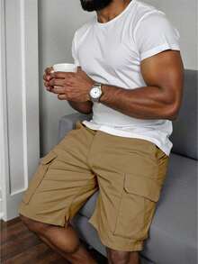 Pantalones cortos casuales con bolsillo lisos para hombres, adecuados para el verano pantalones tacticos de hombre - Caqui - Ver 3