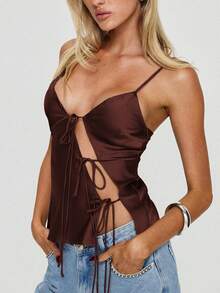 Women's Side Open Tie Front V-Neck Satin Camisole Tops, Cut Out Hollow Out Suitable For Music Festivals, Hot Girls' Beach Holiday Photo Shoots, Summer Casual Daily Wear - Purple - View 6