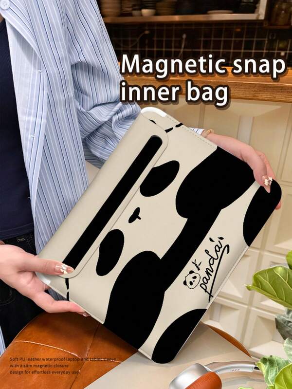 This 1-Piece Laptop Sleeve Features A Cartoon Panda Design, A Magnetic Closure, And Is Made Of PU Leather. It's Compatible With 15-Inch Pro, 13-Inch Air, Galaxy TAB S10 Ultra, And 14-Inch Metabook Models. Waterproof And Stain-Resistant, It's Easy To Carry And Can Also Be Used As An Organizer Or Mouse Pad. It's An Essential Laptop Bag For Office Work, Business, And Study.