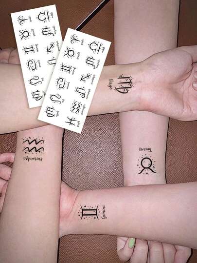 STARTTOOS 2张小花朵手臂纹身贴纸 - 黑色个性化星座图案临时假纹身，适合DIY、动漫节、嘉年华、音乐节、情人节、派对节日礼物，防水逼真纹身贴纸，可用于手腕、脚踝、肩膀、脖子、锁骨、身体皮肤