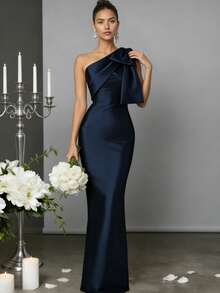 Elisanya Đầm maxi ôm dáng màu xanh hải quân dành cho nữ, đầm dạ hội cocktail trang trọng màu trơn thanh lịch với chi tiết nơ thắt cổ. - Xanh đậm - Xem 4