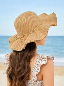 1件女童夏季海灘遮陽帽，附蝴蝶結，UPF 50+ 防紫外線，寬帽簷可折疊可收納捲邊帽，度假風 - 彩色 - 查看 1