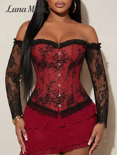 Luna Muse Women's Black Off Shoulder Lace Long Sleeve Patchwork Corset Top, Sexy & Elegant For Banquet, Party, Date, Vacation, Casual, Commute, Cute Bra, Sexy Clubwear, Bodysuit, Open Shoulder, Valentine's Day, Music Festival, Thanksgiving, New Year