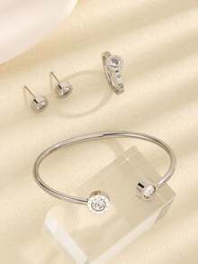 4pcs Set Titanium Steel Rhinestone Roman Swing Bracelet, Ring And Earrings, Minimalist Fashion Young Style Gift For Girlfriend, Stainless Steel Jewelry - Steel Color 1 - View 4