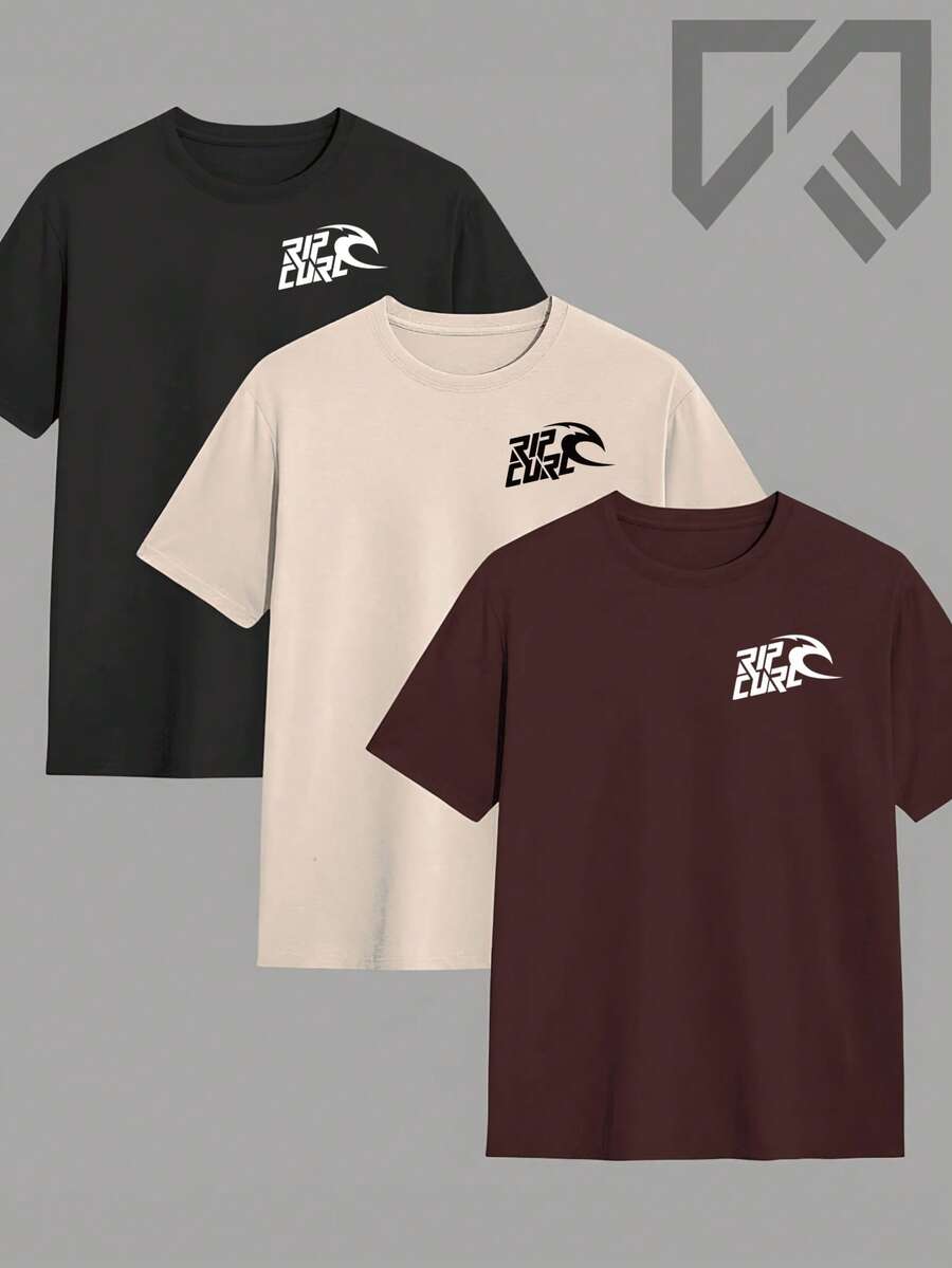 Kit Of 3 RipCurl Surf Men's Cotton T-Shirts, Basic Casual Skate Shirts - On - 黑色+卡克色+棕色 - 查看 1