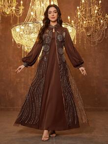 SUPGIR [Random Print] Women's Long Sleeve Sequin Patchwork Waist Tie Evening Dress - Brown - View 3