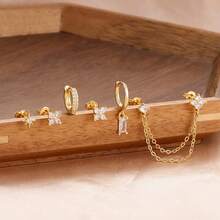 6件套铜镀金闪亮锆石百搭经典时尚耳环，女士款 - 梅花鋯石 - 查看 7