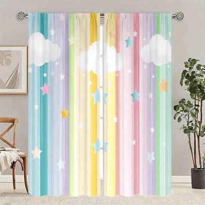 2 piezas de cortinas de ventana con estampado de estrellas y lunas, impresión digital de alta definición, tela de poliéster semi-transparente y resistente a la decoloración. Adecuado para el hogar y ventanas. Se puede lavar a mano y a máquina, con ojales para colgar. Aplicable para la decoración del dormitorio y la sala de estar, cortinas decorativas para el hogar.