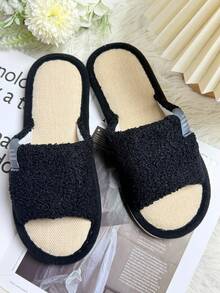 Men's Linen Breathable Moisture-Wicking Open-Toe Flat Slippers, Unisex Casual Home Slippers For Spring/Summer, Black & White Color Blocking - Black - View 2