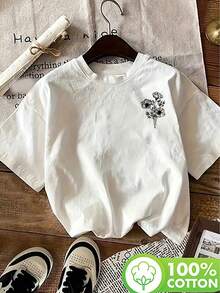 [Double-Sided Print Front And Back] Simple Style Floral Butterfly Print Short-Sleeved Crew Neck T-Shirt Made Of Pure Cotton, Suitable For Sports, Loose Fit, Fashionable, Versatile, Casual, Can Be Layered, Machine Washable - trắng - Xem 6