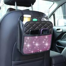 1 pieza Bolsa de basura para coche con diamantes de imitación brillantes, diseño de diamantes de agua de alta gama, organizador para el respaldo del asiento del coche, bolsa de almacenamiento multifuncional para el asiento del coche, cubo de basura colgante impermeable para el coche, se adapta a la mayoría de los vehículos, bolsa colgante de basura para el hogar - A - Ver 15