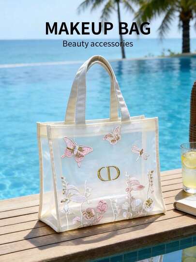 Dior Luxury White Mesh Tote Bag With Butterfly & Floral Embroidery Large Capacity Beach Bag Elegant Travel Handbag Premium Gift For Her Cute & Refined Summer Essential Versatile For Beach Trips, Vacations, Daily Commute, Shopping, Birthdays, Anniversaries, Valentine's Day Stylish Sheer Design Exclusive Premium Gift For Girlfriend, Wife, Friend