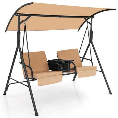  COSTWAY Porch Swing Chair With Adjustable Canopy, 2-Person Swing Chair With Cooler Bag, Rotatable Tray And Removable Cushions, Outdoor Canopy Swing Loveseat For Backyard Balcony Poolside, Brown