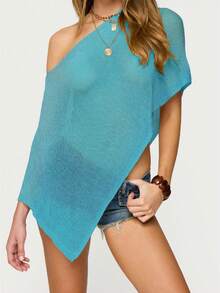 Women's Sheer Ponchos Off Shoulder Short Sleeve Solid Color T-Shirts Asymmetrical Knit Tops - 藍色 - 查看 1