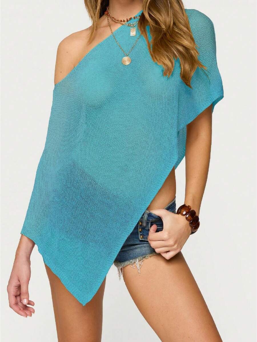 Women's Sheer Ponchos Off Shoulder Short Sleeve Solid Color T-Shirts Asymmetrical Knit Tops - 藍色 - 查看 1