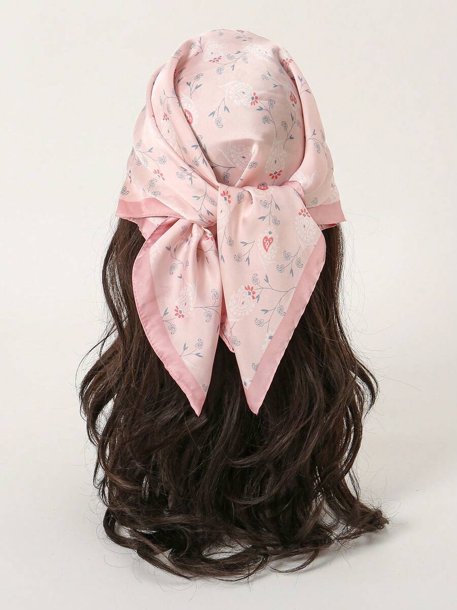 1条简约印花70厘米方形围巾，新款春季女士头巾，多功能腰带、头巾、时尚领巾 - 粉色 - 查看 1