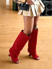Women's Knee High Boots Peep Toe Slouchy Wedges High Heels PullOn Party Dress Fall Winter Suede Long Boots For Woman Party Shoes - Đỏ A - Xem 2