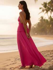 Conjunto coordinado para mujer de top con cuello halter y nudo frontal + falda larga, tela de gasa con espalda abierta, ideal para look casual y fiestas en verano - Rosa Fucsia - Ver 5