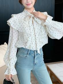 2026 Spring/Summer Women's Polka Dot Tie Neck Elegant Blouse, Stylish Design For Date Night, Holiday, Office, Home, All Seasons White - White - View 3