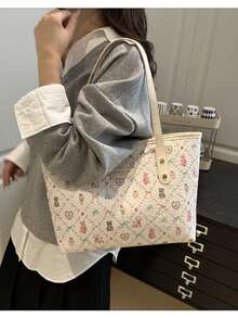 Túi xách cỡ lớn in chữ tối giản cá nhân hóa kiểu Châu Âu và Mỹ năm 2025, túi đeo vai thời trang Hàn Quốc dành cho nữ, túi đeo vai hoạt hình cỡ lớn, túi xách đa năng cho người đi làm. - trắng - Xem 4