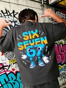 Camiseta de cuello redondo de manga corta con estampado gráfico informal para niño preadolescente, parte superior de verano - Gris Oscuro - Ver 3