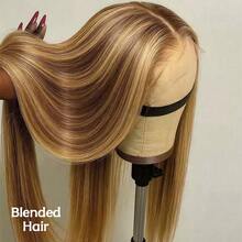 180% Density Ombre Human Hair Blended Wig, Black Roots, 13x4 Lace Front Wig, Wear & Go, Remy Blended Hair, 5x5 Glueless Wig, No Shedding, Durable - Suitable For All Users. The Blended Hair Is Made Of Real Human Frontal Hair Mixed With Synthetic Fiber And Protein Threads. - S4/27 - View 2