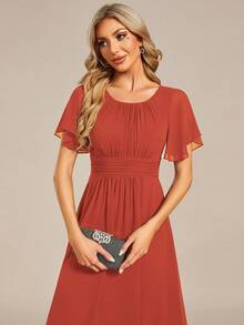 Women's Elegant Ruffle Sleeve Pleated Chiffon Bridesmaid Dress, Formal Evening Gown For Wedding Guest Spring - Burnt Orange - View 4