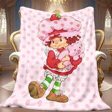 1pc Light Pink White Polka Dot S-Strawberry Pink Shortcake Cuddling Bunny Plush Print Flannel Blanket, 80s Nostalgic Gift For Fans, Sweet Themed Decor, Collectible & Cozy Throw,With For Couch, Bed, Camping, Travel, Office, Home Nap, Multipurpose Gift Flannel Blanket - 多色 1 - 查看 6