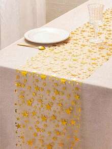 1Pc Gold Foil Star Print Table Runner, Sparkly Star Pattern Table Runner, Metallic Sequined Tulle Tablecloth, Metallic Polyester Fabric, 11 Inches X 108 Inches, Suitable For Holiday, Spring, Wedding Tablecloths, Wedding Decorations, Home Décor, Room Decorations, Party Favors, Bridal Birthday Decorations, Bachelor/Bachelorette Parties, Holiday Decorations, And Holiday Home Gifts. - 彩色 - 查看 5