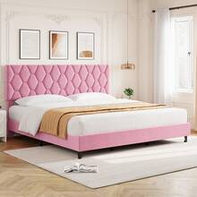 Base de cama King rosa con cabecera tapizada, plataforma resistente con listones de madera resistentes, sin somier, silenciosa y fácil de montar. - Rosa - Ver 1