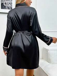 Women's Solid Color Elegant Waist Tie Short Lightweight Bathrobe, Silky Soft Comfortable Bathrobe, Pink Comfortable Bathrobe - Black - View 6