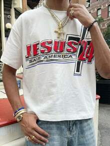 男士街头风图案T恤，宽松复古“耶稣”印花T恤，仿棉复古上衣，嘻哈美学夏季服装 - 彩色 - 查看 4