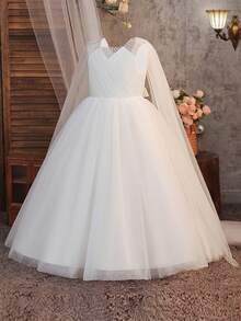 Tween Girls Long Beaded Tulle Flower Girl Dress, Suitable For Birthday Party, Faux Pearl Randomly Studded, No Headband Included - White - View 8
